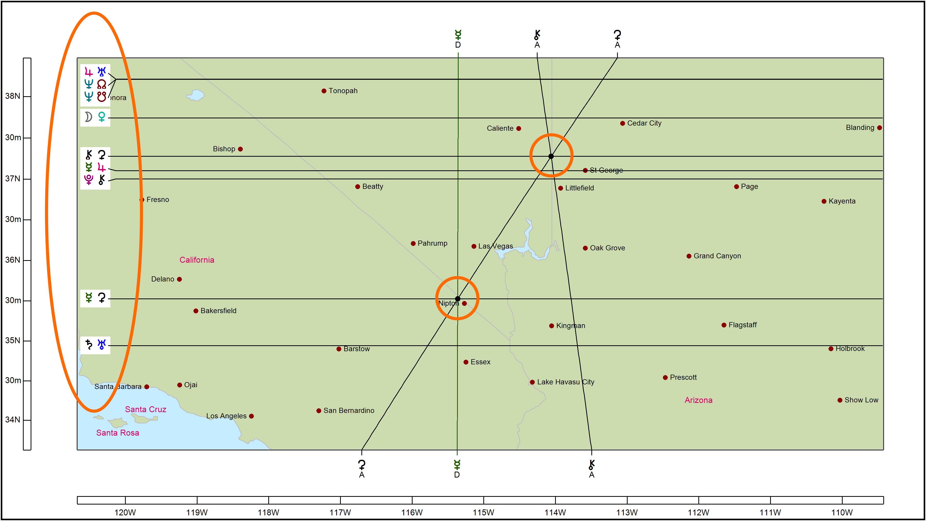 Astrology Map Lines Example - Paran formation by Planetary Angle Lines