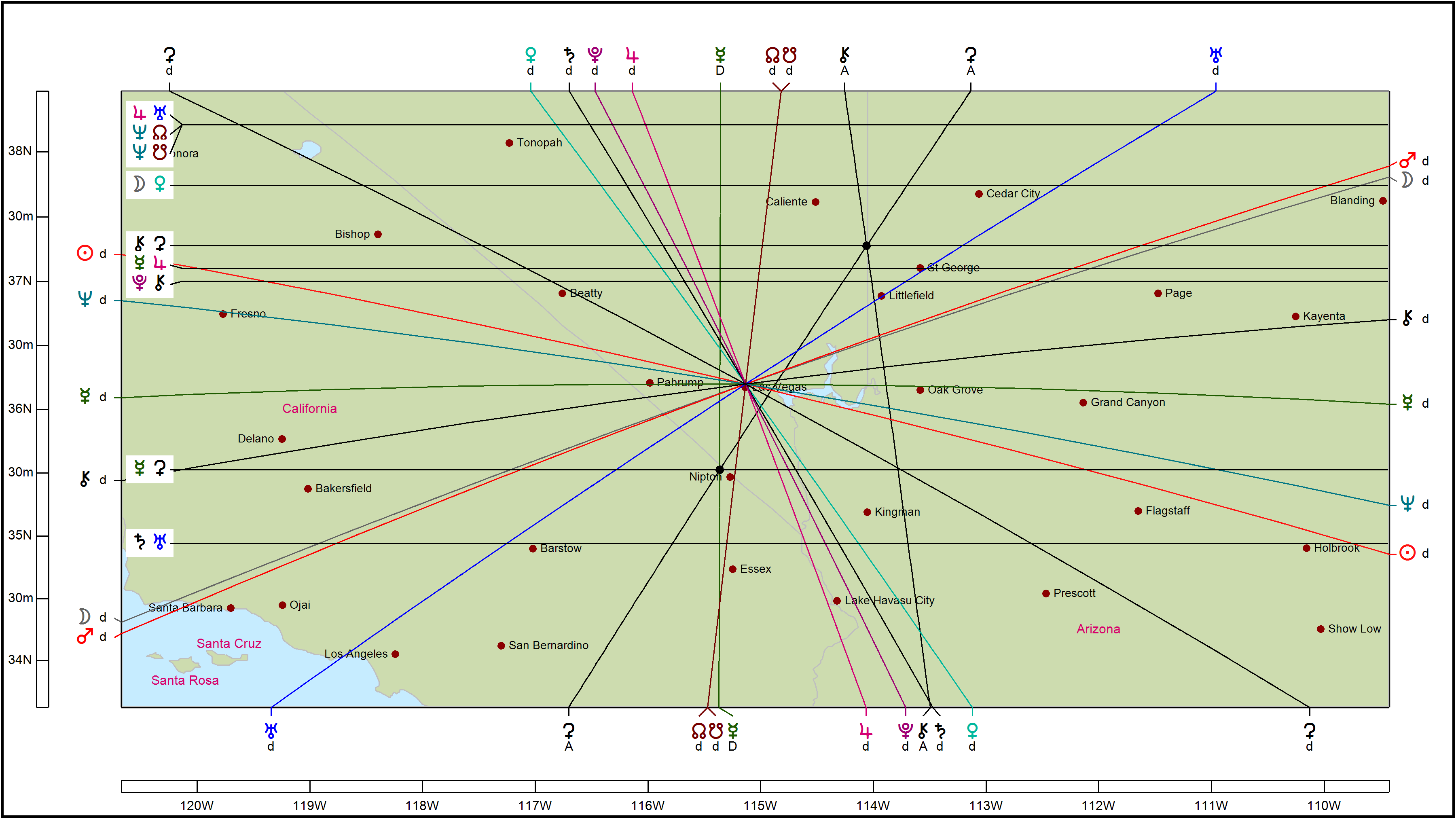 Astrology Map Lines Example - Planetary Angles, Parans, and Local Space Lines